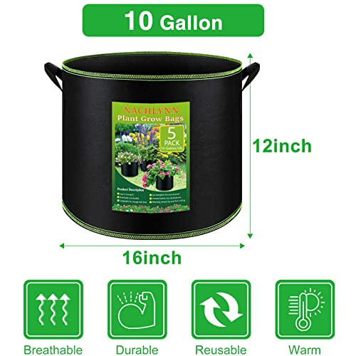 NACHLYNN 5-Pack 10 Gallon Grow Bags with Handles Thickened Nonwoven Fabric Pots Heavy Duty Aeration Fabric Pots Plant or Fruits Flowers Plant - size: 10