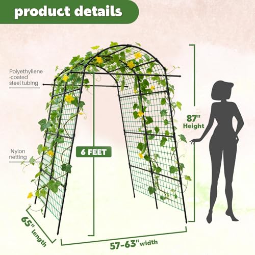 AGTEK 87" H×65" W Metal Garden Arch Trellis with Nylon Netting, 60LBS Load, Adjustable Width for Climbing Plants - size: 65"W x 87"H