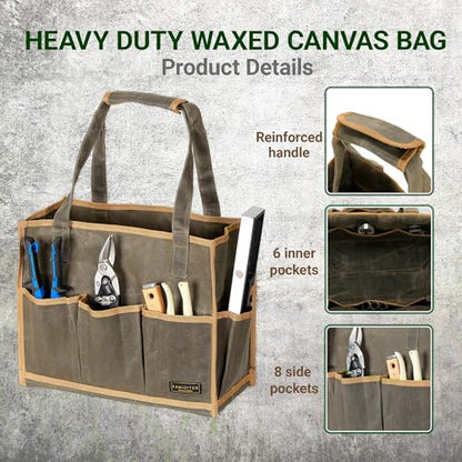 Heavy Duty 16OZ Waxed Canvas Tool Bag,15-Pockets Portable Tote Bag,Muti-Purpose Garden Tool Storage Bag with Padded Handle | ArmyGreen - color: ArmyGreen