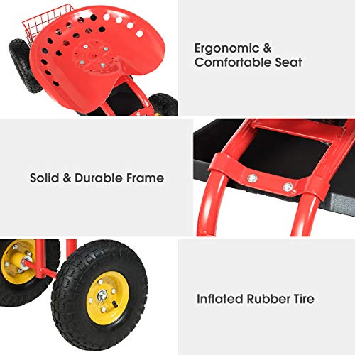 IRONMAX Garden Cart with Seat, Heavy Duty Gardening Work Stools w/Height Adjustable Seat & 10’’ Large Wheels, Rolling Garden Scooter for Outdoor Lawn Yard Planting (Red)