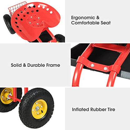 IRONMAX Garden Cart with Seat, Heavy Duty Gardening Work Stools w/Height Adjustable Seat & 10’’ Large Wheels, Rolling Garden Scooter for Outdoor Lawn Yard Planting (Red)