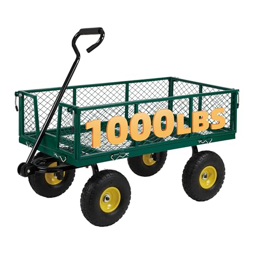 Finnhomy Heavy Duty 1000 Lbs Capacity Mesh Steel Garden Cart, Pullable Garden Wagons Carts on Wheels, Folding Utility Wagon with Removable Sides for Outdoor, Yard, Lawn, Green - color: Green