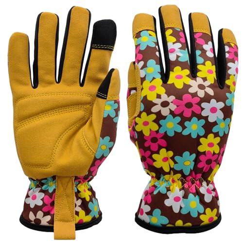 Cute Pattern Gardening Gloves,Thornproof Garden Glove,Gardener Gift - color: Yellow&colorful Flowers, size: Medium