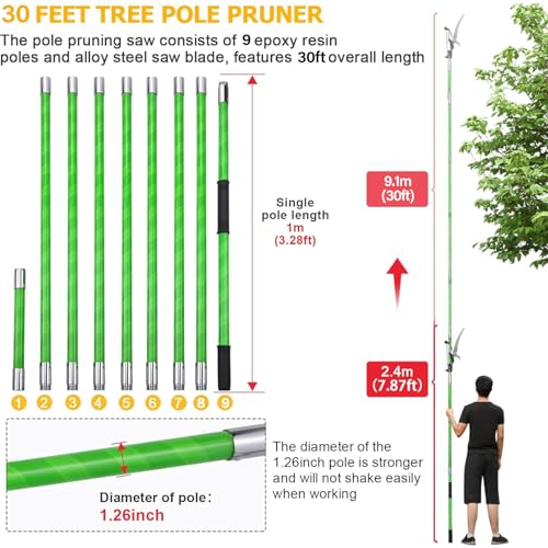 30 Feet Tree Pole Pruner Manual Branches Trimmer Tree Branch Garden Tools Loppers Hand Pole Saws Extendable Height Adustable System for Sawing and Shearing - size: 30FT(with branch scissors)