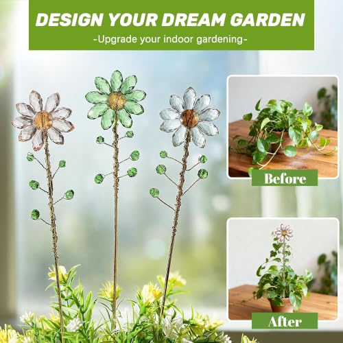 3Pcs Crystal Sunflower Suncatchers with 13'' Gold Trellis Metal Plant Stake - color: Clear, Green, Pink