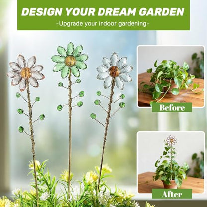 3Pcs Crystal Sunflower Suncatchers with 13'' Gold Trellis Metal Plant Stake - color: Clear, Green, Pink