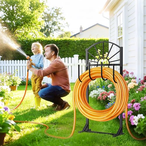 Garden Hose Holder, Upgraded Metal Water Hose Holder with 4 Hooks, Freestanding Heavy Duty Hose Hanger Stand Holds 150 FT Hoses, Detachable Hose Storage Rack for Outside Yard Lawn Farm (Black, Sun) - style: 4 Spikes-Sun