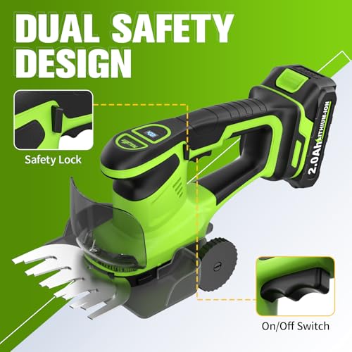 FULLYEA 2-in-1 Hedge Trimmer Cordless, Electric Bush Trimmer & Hedge Shears, Lightweight Grass Cutter with 2 * 2.0Ah Batteries & Charger, Battery Grass Trimmer, Handheld Shrub Trimmer Garden Tools