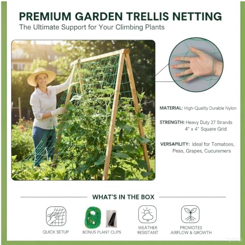 Heavy Duty Trellis Netting for Climbing Plants, Garden Netting for Vegetables, Strong Plant Support Net for Cucumbers, Tomatoes & Peas, with 50 Plant Ties - size: 6.6 ft x 9.8 ft