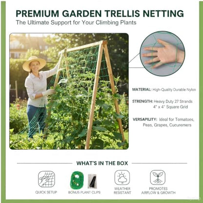 Heavy Duty Trellis Netting for Climbing Plants, Garden Netting for Vegetables, Strong Plant Support Net for Cucumbers, Tomatoes & Peas, with 50 Plant Ties - size: 6.6 ft x 32.8 ft