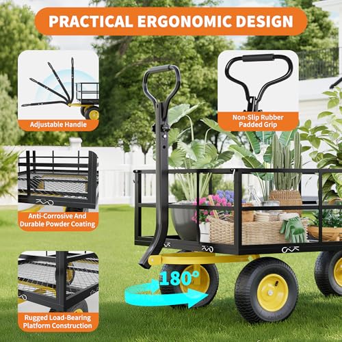 3-in-1 Heavy-Duty Steel Garden Cart, 1200 Lbs Garden Wagon, with 13 Inch All-Terrain Tires and Removable Mesh Side Panels, 180° Rotating Handle, Metal Multi-Function Carts, Outdoor Gardens Wagon Cart - color: Black + Yellow, size: 1200 Lb
