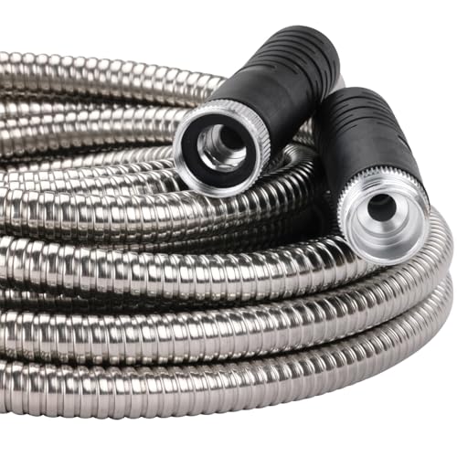 Melnor 97051AMZ XT Stainless Steel Garden Hose 5/8" x 50ft - Kink-Free - Lightweight - Rubberized Grips - Metal Twist Nozzle - Ultra Durable - Silver/Black