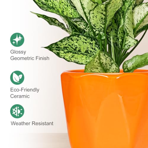 Ceramic Plant Pots Set of 3, Indoor Planter with Drainage Holes and Saucers - color: 2-orange