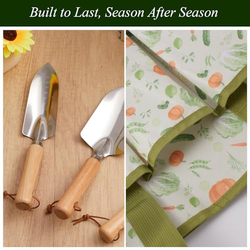 VerdantVibes 10-Piece Garden Tool Set - Heavy Duty Stainless Steel Gardening Kit with Wood Handle, Pruners & Vegetable Print Tote Bag - Unique Gardening Gifts for Women Mom Grandma - color: Green
