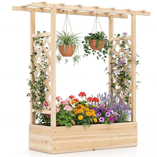 Giantex Wooden Raised Garden Bed with Trellis & Hanging Roof, Fir Wood Planter Box, 45" Freestanding Elevated Garden Bed for Outdoor Climbing Plants Vegetables Flowers, Patio & Balcony, Natural - color: Natural, size: 43”x14”x45”