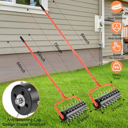 21" Rolling Lawn Aerator, 45 Preassembled Spikes, Only Needs 3-5 Minutes to Assemble, No Looseness, Good Package, 75" Long Handle with Quick Clip Connections, U-Shape Construction - Orange. - size: Orange