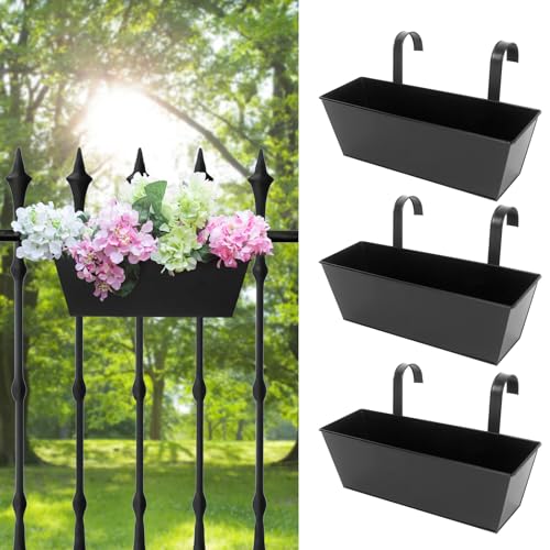 16 Inch Railing Planters Box Metal Hanging Flower Pot 3 Pcs - color: Black-3pcs