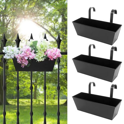 16 Inch Railing Planters Box Metal Hanging Flower Pot 3 Pcs - color: Black-3pcs