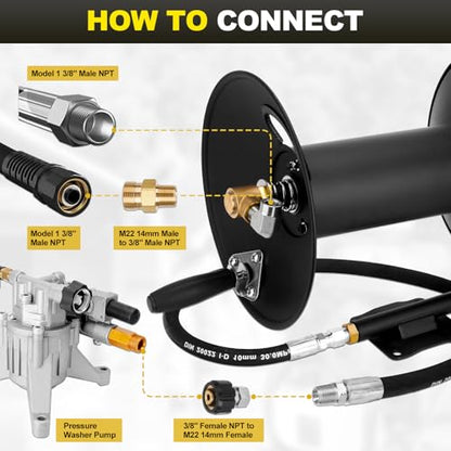 High Pressure Washer Hose Reel 100ft 3/8" NPT, 4000 PSI Heavy Duty Steel Power Washer Hose Reel with Swivel Arm, Mounting Bracket & M22 14mm Fitting, Wall/Machine/Van/Trailer Mount Compatible