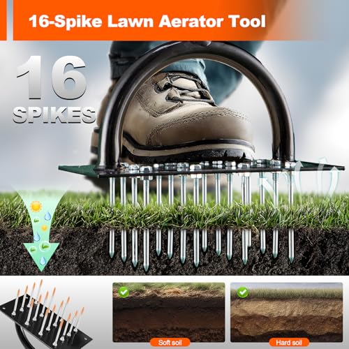 Bluesea Lawn Aerator Tool - 16 Iron Spikes with Ergonomic T-Handle, Automatic Dirt Clean for Soil Loosening & Yard Aeration, Manual Metal Grass Aerator (Green) - color: Green