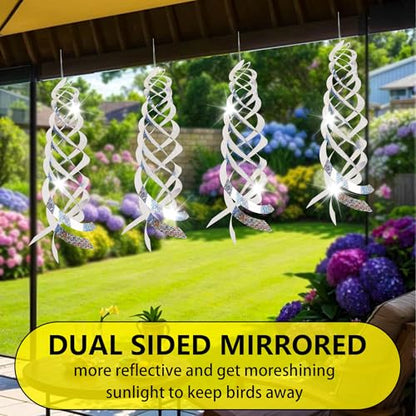 Spiral Reflective Bird Repellent Device 4Pcs, 17.8 Inch Silver Bird Deterrent Hanging Ornament, Wind-Activated Rotating Reflector, for Garden, Yard, and Balcony Window Bird Control