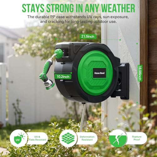 Retractable Garden Hose Reel, 1/2 in x 150 ft Heavy Duty Wall-Mounted Hose Reel with 180° Swivel Bracket, 10-Pattern Nozzle, Automatic Slow Rewind System, Any Length Lock for outside Watering,Cleaning