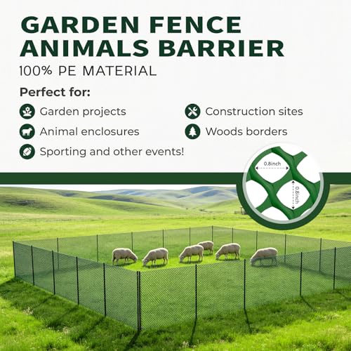 Plastic Chicken Wire Mesh Fence with Metal Stakes, 39.4in x 82ft - color: Green Diamond Grid