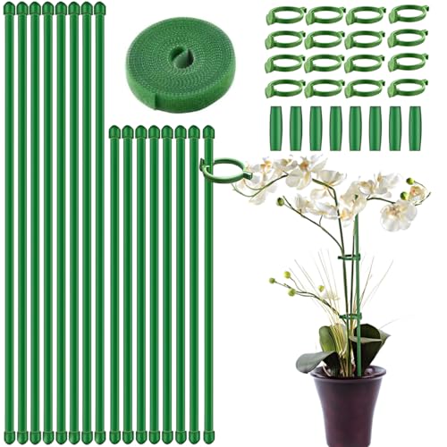 Plant Stakes,Adjustable Length Support Stake Orchid Stick with Ring Buckles Garden Pole for Potted Tomato Rose Amaryllis Beans Vegetables Comes with 40-inch Ties (Green, 17inch&12inch)
