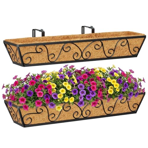 Y&M 30x7 Inch Black Outdoor Rectangular Window Box Planter - Rust Resistant Steel, Plastic Coated - Perfect for Railings, Walls, or Window Sills - Includes Coco Coir Liner - size: Butterfly 30in 2p