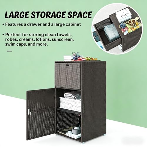 23.6" Outdoor Storage Shed, Rattan Pool Towel Rack Cabinet with Top Drawer - color: Dark Brown