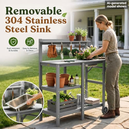 YEFU Potting Bench with Sink, All-Weather Resistant,Grey - color: Gray, size: Premium