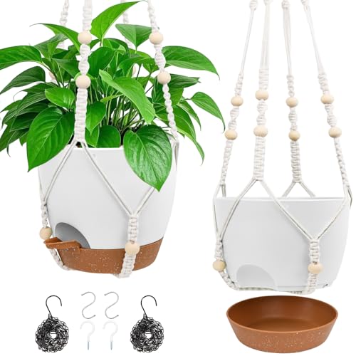 8'' Self Watering Hanging Planters with 2 Kinds of Plant Hangers,2 Pack - color: Ivory+black+white, size: 8''