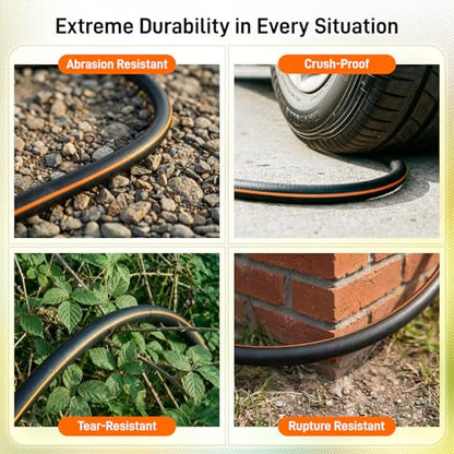 Garden Hose, 25ft 5/8" Heavy Duty Rubber Water Hose w/ 10-Mode Spray Nozzle, 550 PSI Burst, 360° Anti-Kink Swivel Connectors, All-Weather Flexible, Leakproof 3/4" Brass Male to Female Fittings - size: 25ft