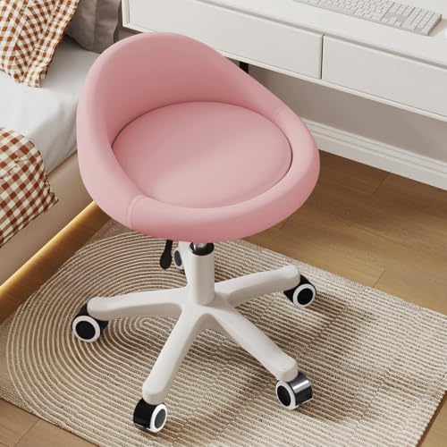 Rolling Stool – Ergonomic Swivel Seat, Adjustable Height, Ultra-Quiet Wheels, Padded PU Leather Cushion, for Salon, Office, Massage & Medical Use Pink 1 - color: Pink