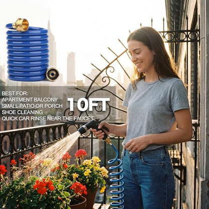 10FT EVA Coiled Water Hose, 1/2 in Blue Hose, Brass Connectors - size: 10FT
