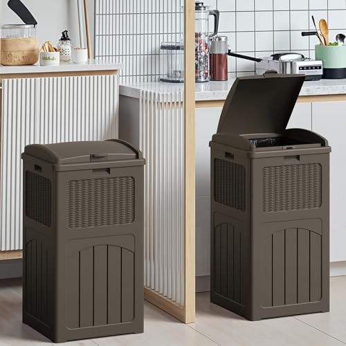 Devoko 33 Gallon Outdoor Trash Can with Dual Lid, Hideaway Garbage Bins,2Pc - color: Deep Brown, size: 2 Pack