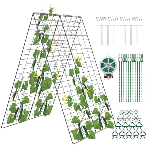 Amoskey Cucumber Trellis, Garden Trellis for Climbing Plants Outdoor, Foldable A-Frame Trellis, Cucumber Trellis for Raised Bed for Cucumbers, Peas, or Tomatoes (Green, Small Grid 48‘’H*34''W) - color: green, size: small grid 48‘’H*34''W