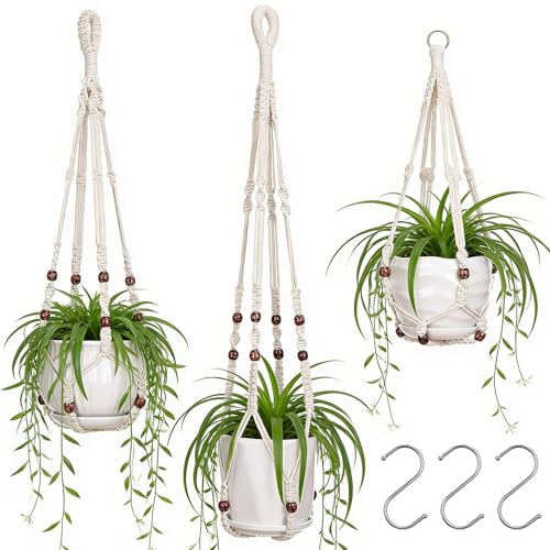 YIBOT 3 Pack Macrame Plant Hangers Hanging Planters for Indoor Plants Ivory - color: Carrying Wooden Beads, size: 35+29+23Inch