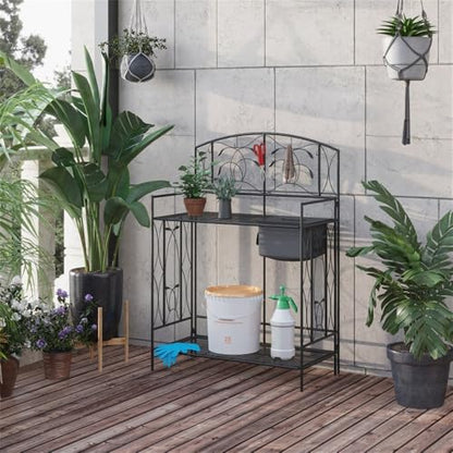 Folding Potting Bench with Storage Bag & Tool Hooks - Portable Steel Garden Work Table, Compact Plant Potting Station for Greenhouse, Outdoor, and Indoor Gardening