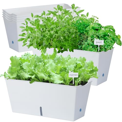 Window Box Planter 6 Pcs, 16.5 Inches Self Watering Rectangle Flower Plant Pots with Drainage Holes Trays, Vegetable Planters for Windowsill Patio Garden Balcony Porch Yard (White) - color: White, size: 16.5*7.1*7.1 inch