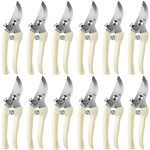 Therwen 12 Pcs Garden Shears Flower Scissors Pruning Shears Floral Garden Clippers Hand Pruners Branch Cutter Gardening Tools for Plants Cutting, Trimming, Fruits Picking (Beige,Bypass) - style: Beige, Bypass