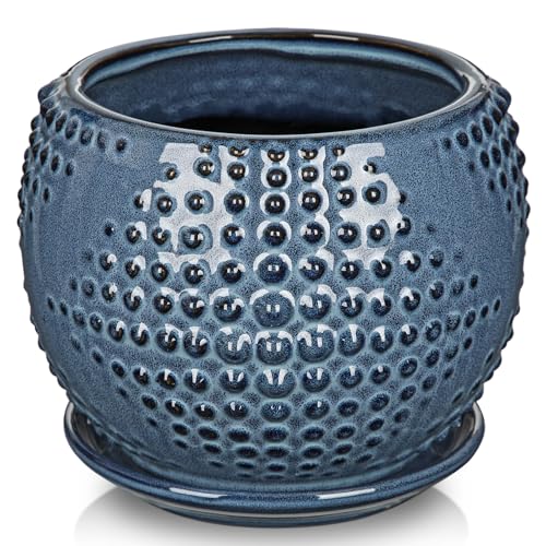 Oairse Ceramic Pot for Indoor Plants, 7 inch Plant Pot with Drainage Hole and Saucer Decorative Blue Planter with Saucer Indoor Outdoor Flower Pots for Succulent Snake Plant Pothos Orchid - color: Blue