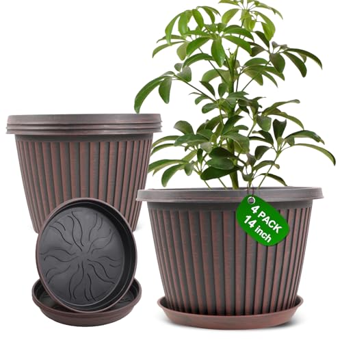 Large-Planter-Indoor-Outdoor Plant Pots, 14 inch 4 Pack Plastic Flower Pots with Saucer And Drainage Holes, Modern Garden Planters For Planting Medium Large Plants， Decorative Resin Garden Pots - color: Red Brown, size: 14 inch