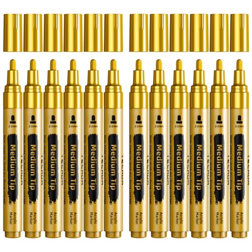 12 Gold Paint Pens - Permanent Acrylic Paint Markers, Medium Tip - color: Gold
