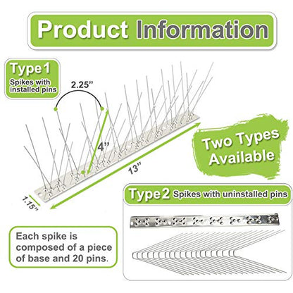 Bird Spikes Stainless Steel 200ft Coverage 185 Pack for Pigeons Small Birds Outdoor Use Bird Prevention Strips for Fence Crows Woodpeckers with 304 Stainless Steel Pins and Base Not Rusty - size: 200 feet (185 pieces)
