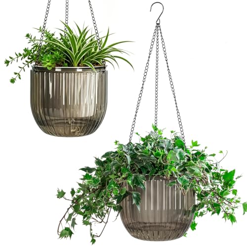 Melphoe 2 Pack Self Watering Hanging Planters Indoor Flower Pots, 8.3 Inch Outdoor Hanging Basket, Plant Hanger with 3Hooks Drainage Holes for Garden Home (Gray) - color: Gray, size: 8.3''+8.3''