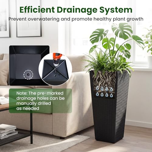 GIANTEX Tall Planters Set of 2, 24”H Tapered Rattan Planter, Black - color: Black, size: 11''x11''x24''