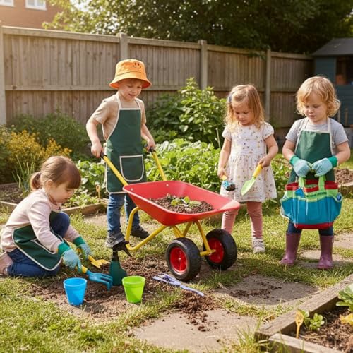 Toddler Metal Wheelbarrow for Kids Wheel Barrow with 12 PCS Tool(red Set) - color: Red Set
