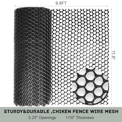Plastic Chicken Wire Fencing 12'' x 10ft Black Chicken Wire Mesh Fence Poultry Netting for Crafts, Plastic Garden Fencing, Floral Chicken Wire