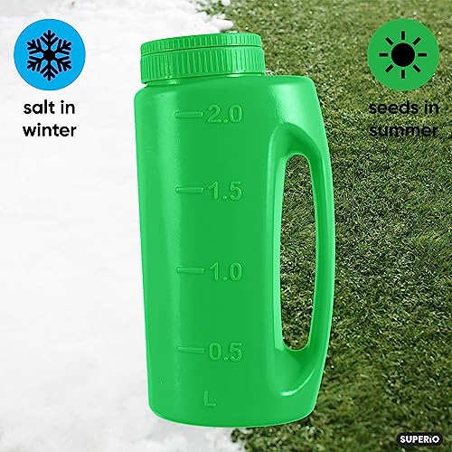 Superio Lawn Seed Spreader, Handheld Shaker for Lawn Seeds, Ice Melt Salt, Calcium, Deicer, Weed and Feed Spreader, 2 Liter, Adjustable Hole Size, with Cut Out Handle - color: Green